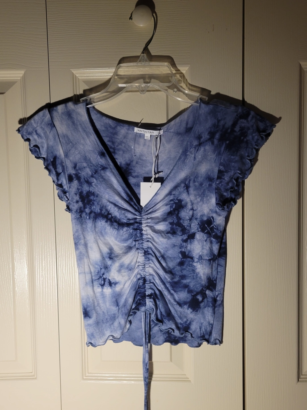 Ruched Tie-Dye Top Adjustable Crop-Strings in Navy and White